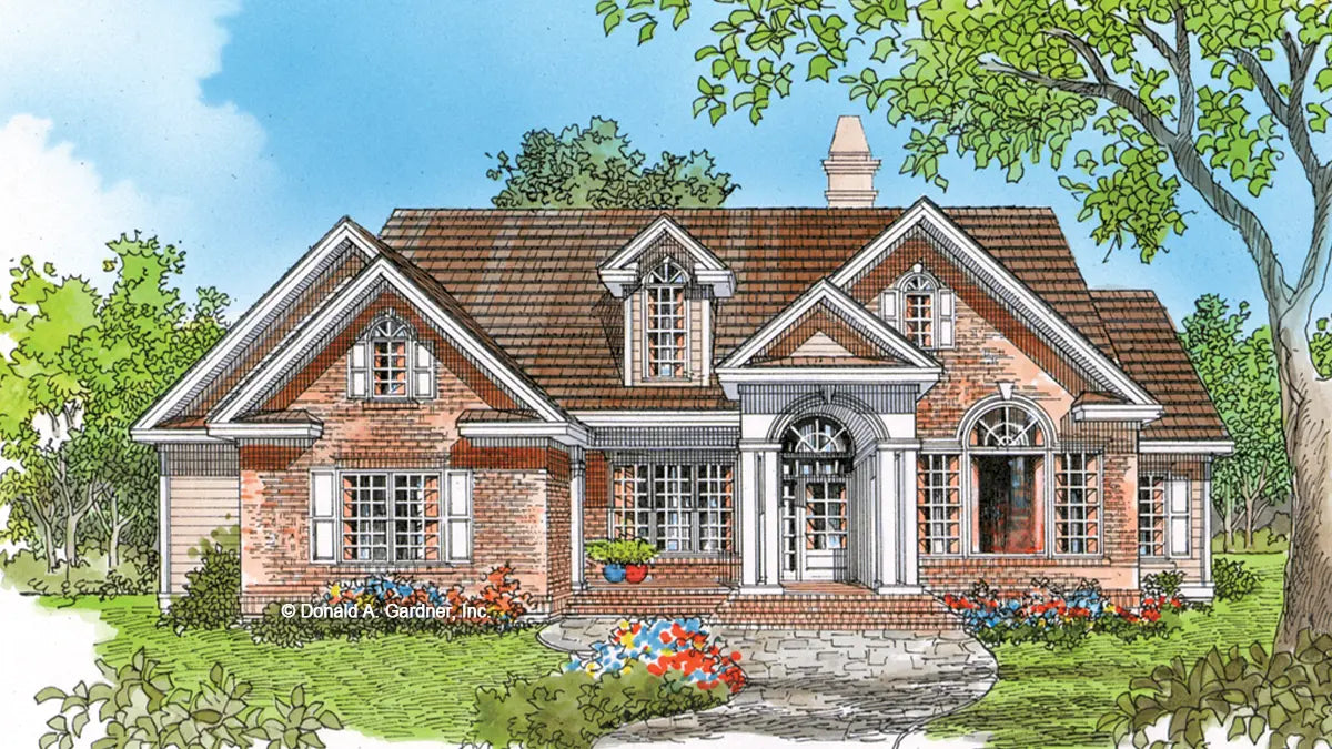 This is an illustration of the front of brick house plan 522 The Wentworth