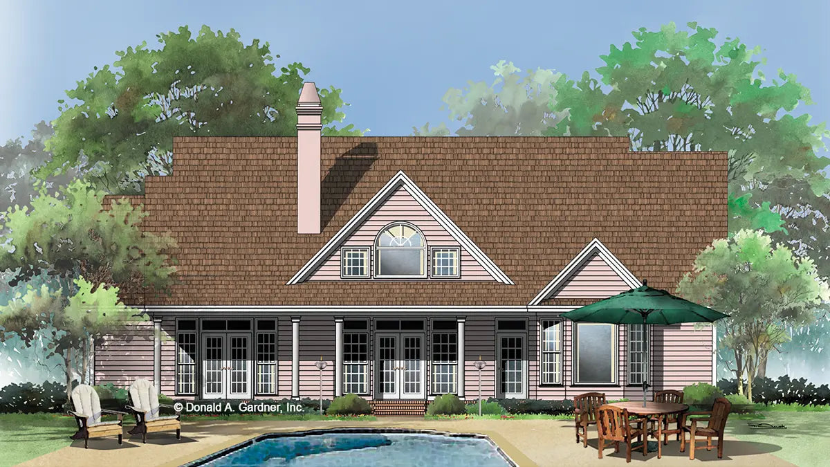 This is an illustration of the rear of traditional house plan 522 The Wentworth