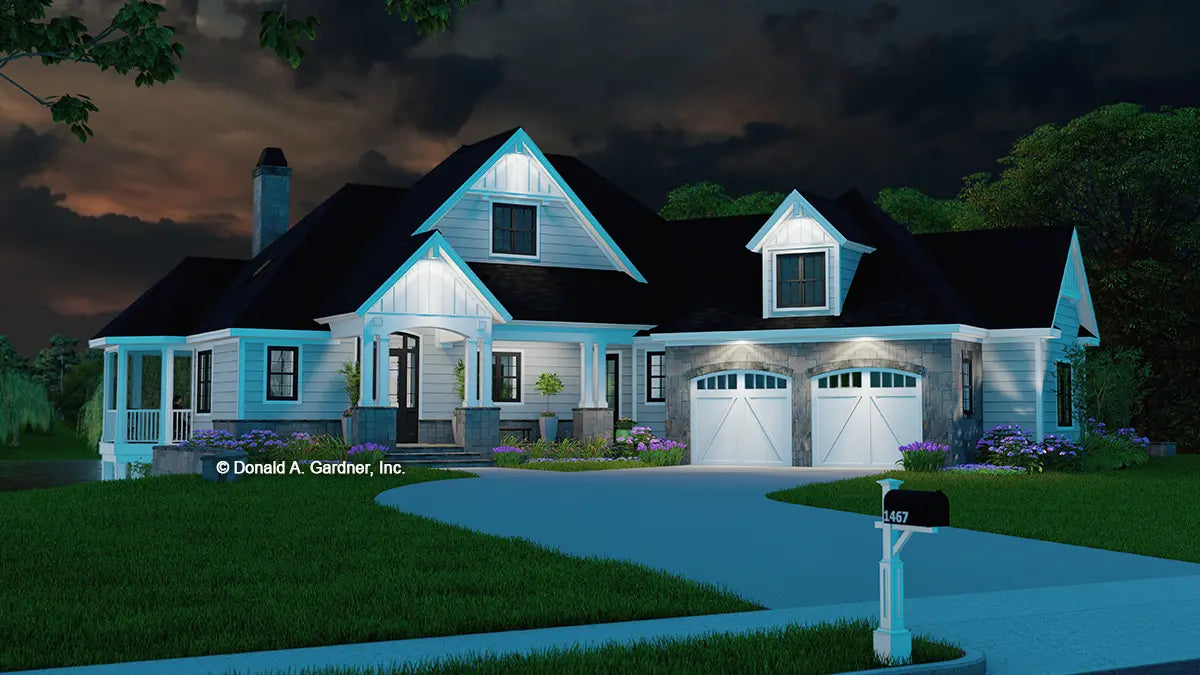 This is an illustration of the front of three bedroom house plan 1467 The Wesley at dusk