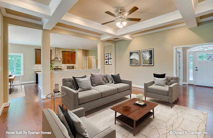 Coffered ceiling in the great room. The Westlake plan 1332.