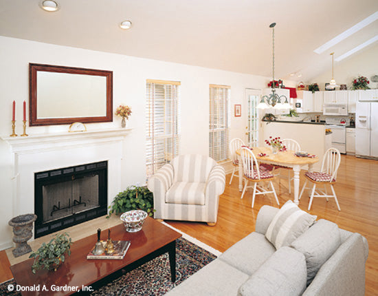 Fireplace and mantel in the great room. The Westport plan 389.