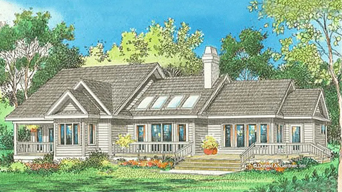 This is an illustration of the rear of ranch house plan 195 The Wexford