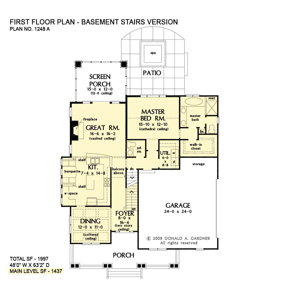 This is the first floor plan image for bungalow house plan 1248 The Wexler if the home is built over a basement