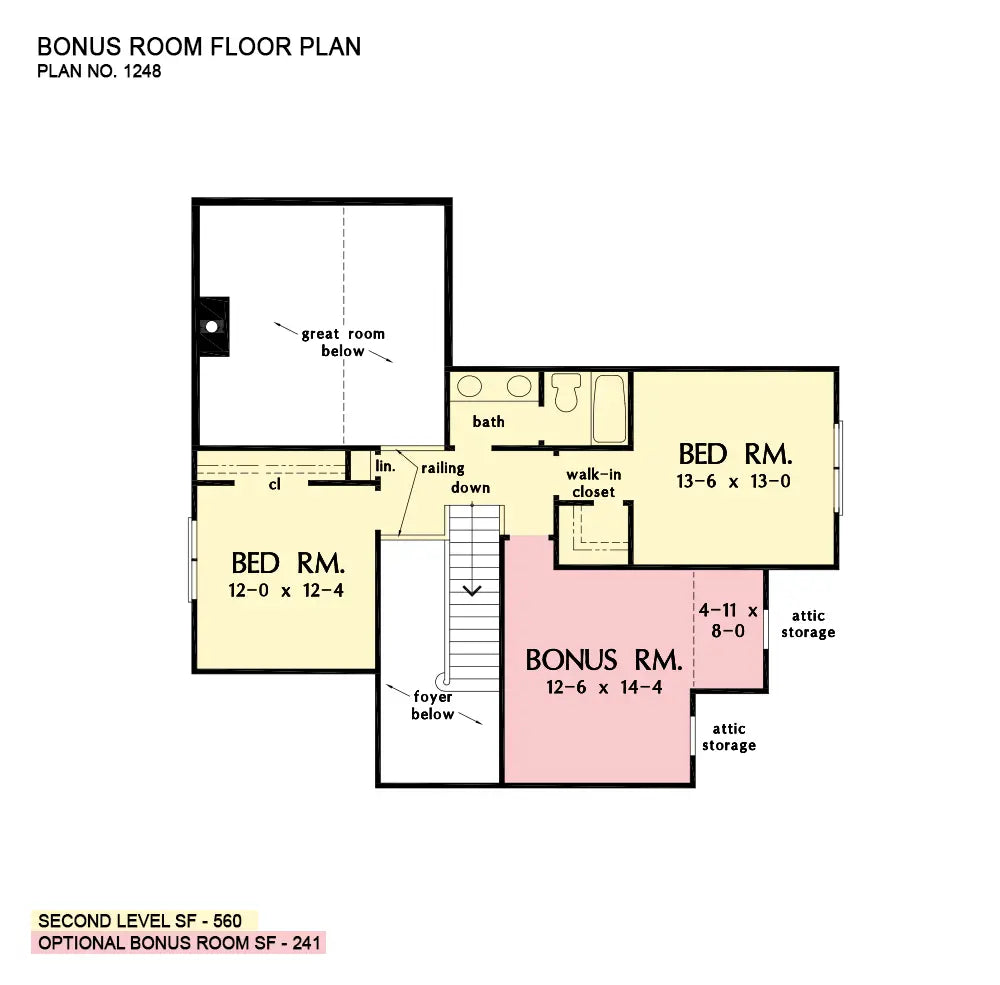 This is the second floor plan image for three bedroom house plan 1248 The Wexler