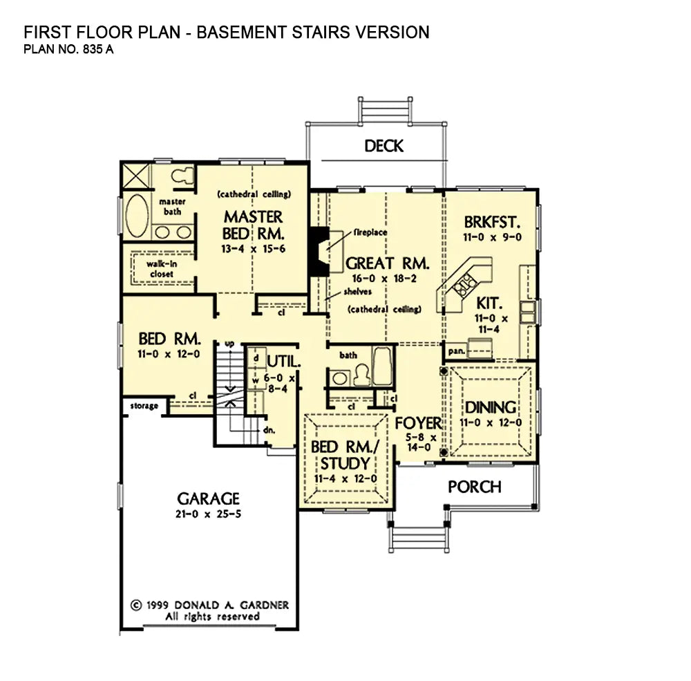 This is the first floor plan image for budget house plan 835 The Whitaker if the home is built over a basement