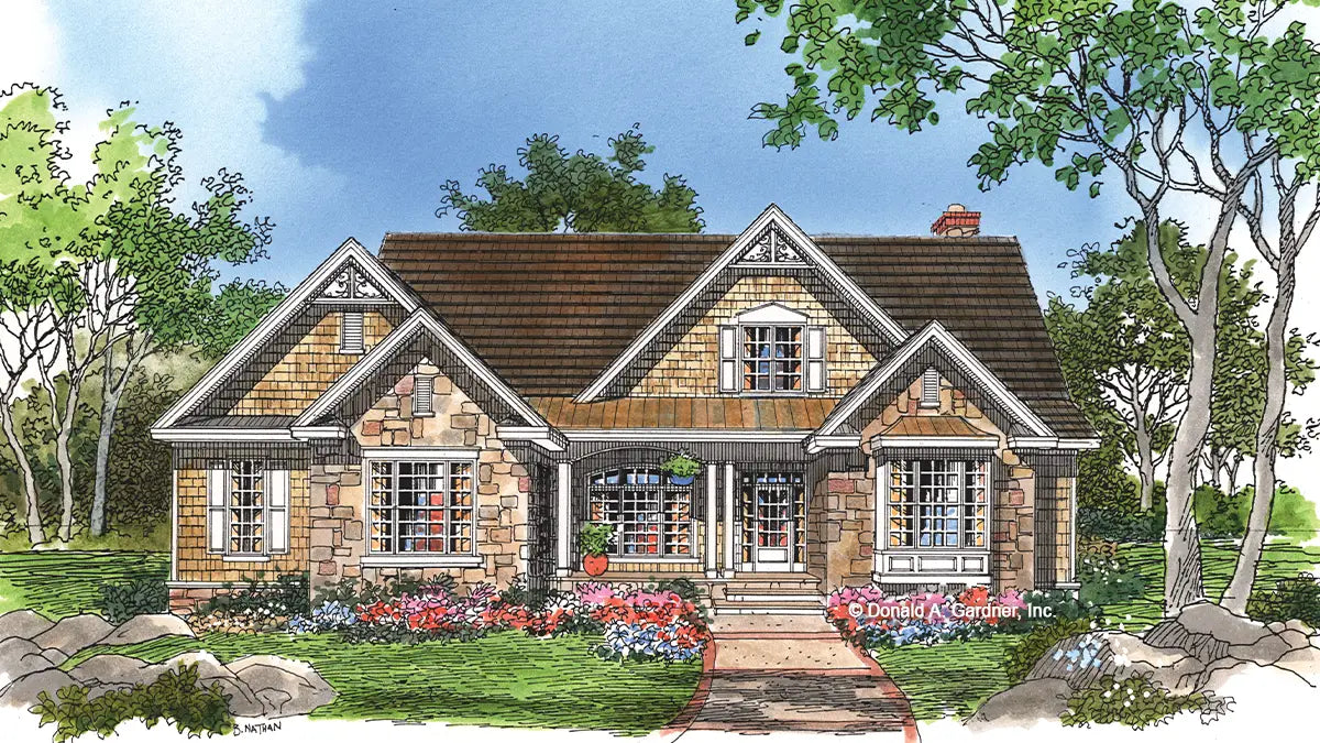 This is an illustration of the front of rustic house plan 926 The Whiteheart