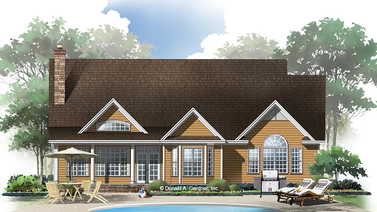 This is an illustration of the rear of one story house plan 926 The Whiteheart