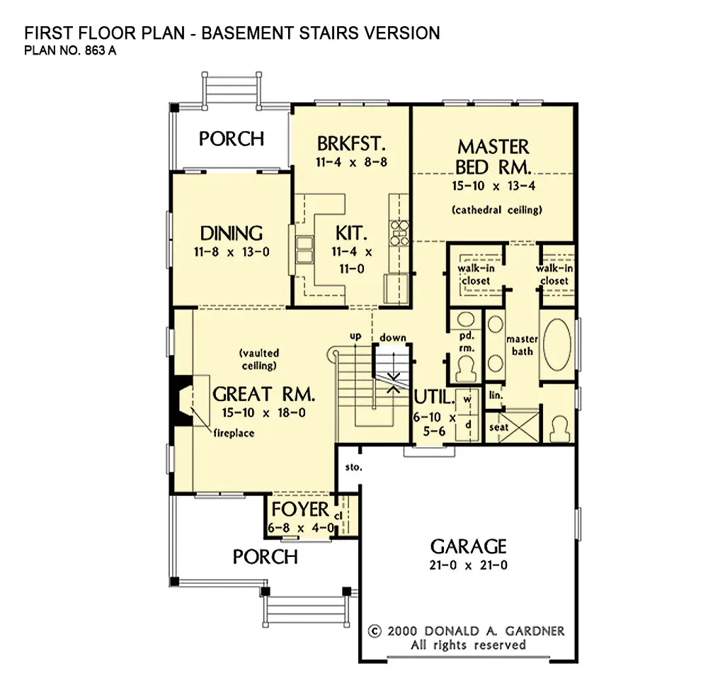 This is the first floor plan image for three bedroom house plan 863 The Whitley if the home is built over a basement