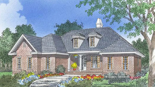 Front view illustration of a brick home. The Whitmire plan 478.