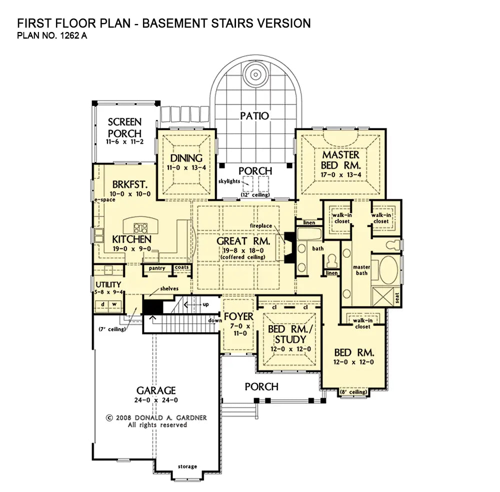 This is the first floor plan image for one story house plan 1262 The Whitney if the home is built over a basement