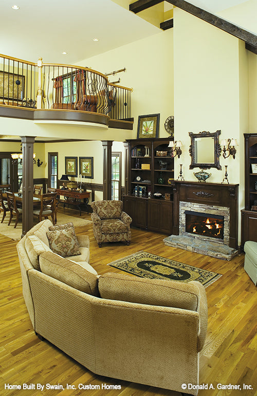 Great room view with loft banister above. The Wicklow plan 950.