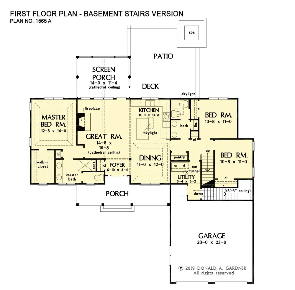 This is the first floor plan image for small house plan 1565 The Wilfred if the home is built over a basement