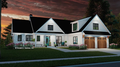 This is an illustration of the front of one story house plan 1565 The Wilfred at dusk