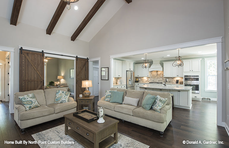 Great room view into the kitchen. The Wilkerson plan 1296.