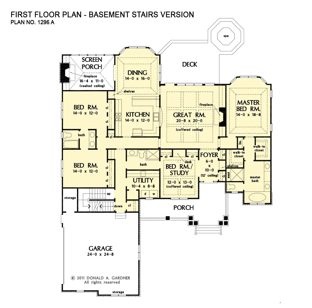 This is the first floor plan image for rustic house plan 1296 The Wilkerson if the home is built over a basement