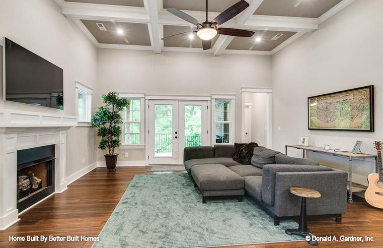 Fireplace and wood floors in the great room. The Williamette plan 1203.