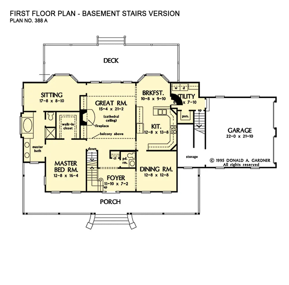 This is the first floor plan image for three bedroom house plan 388 The Williston if the home is built over a basement