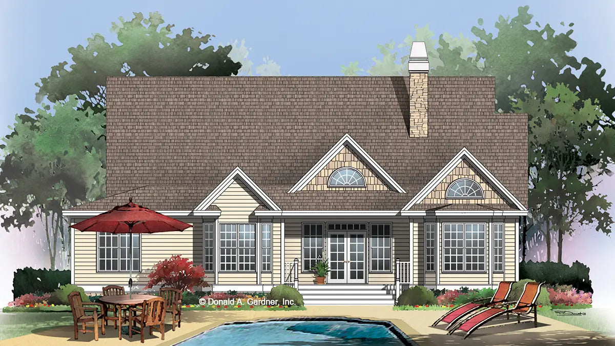 This is an illustration of the rear of ranch house plan 830 The Willoughby