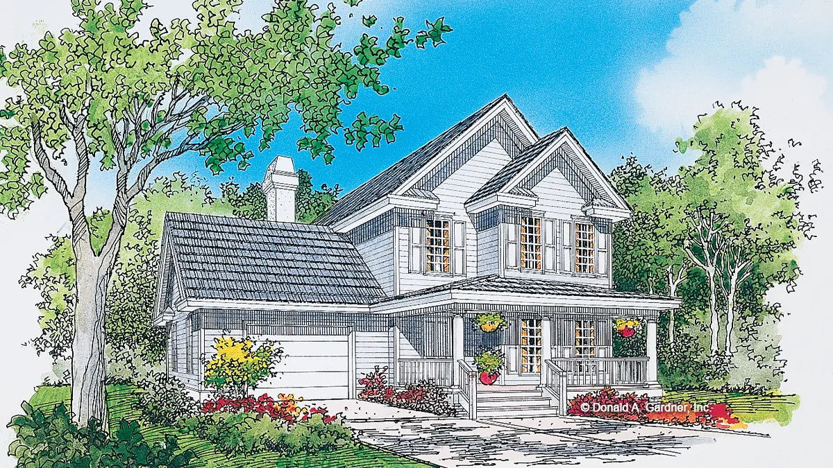 Front view illustration with front porch and front facing garage. The Willowbrook plan 453.