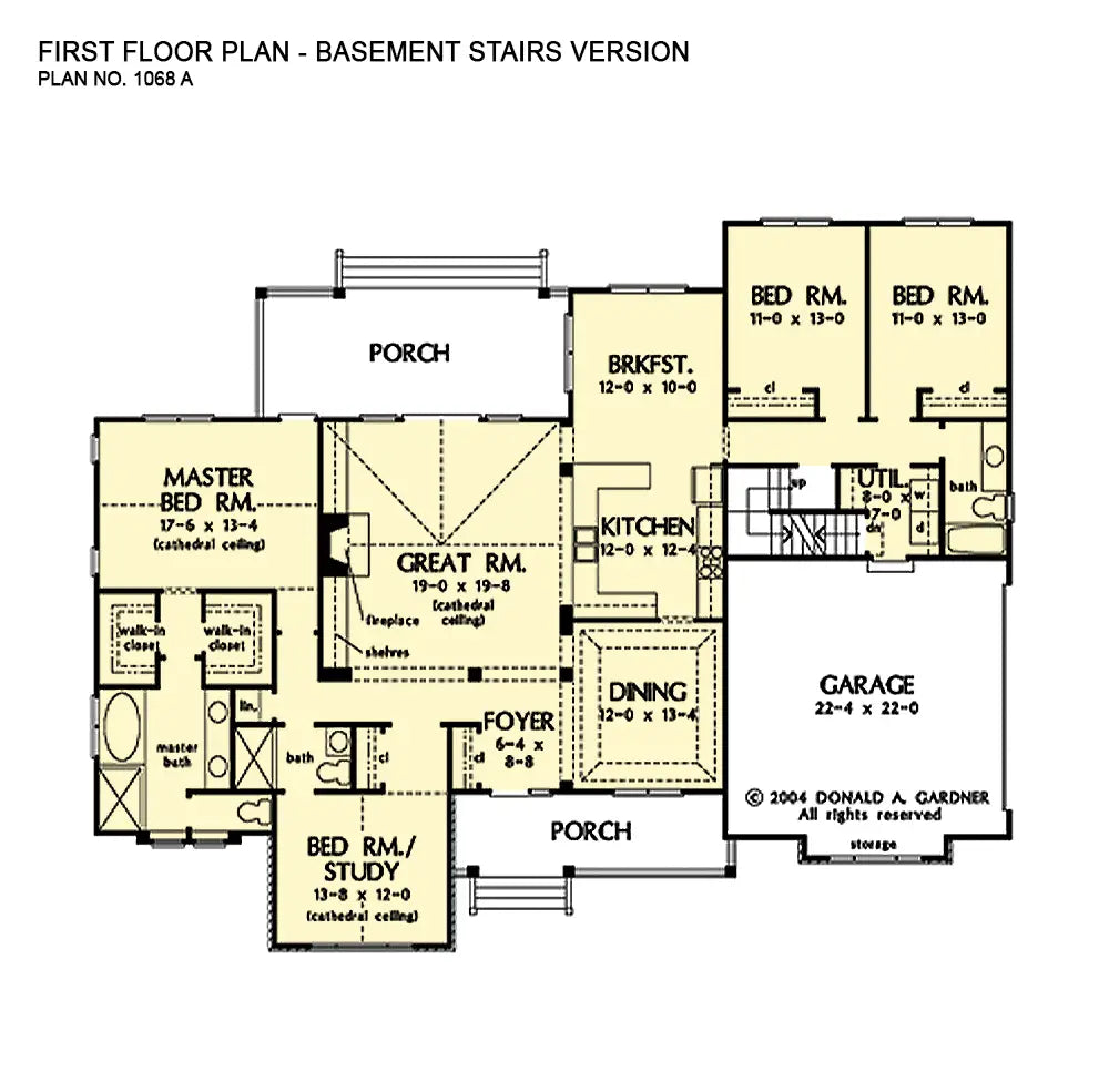 This is the first floor plan image for ranch house plan 1068 The Willowcrest if the home is built over a basement