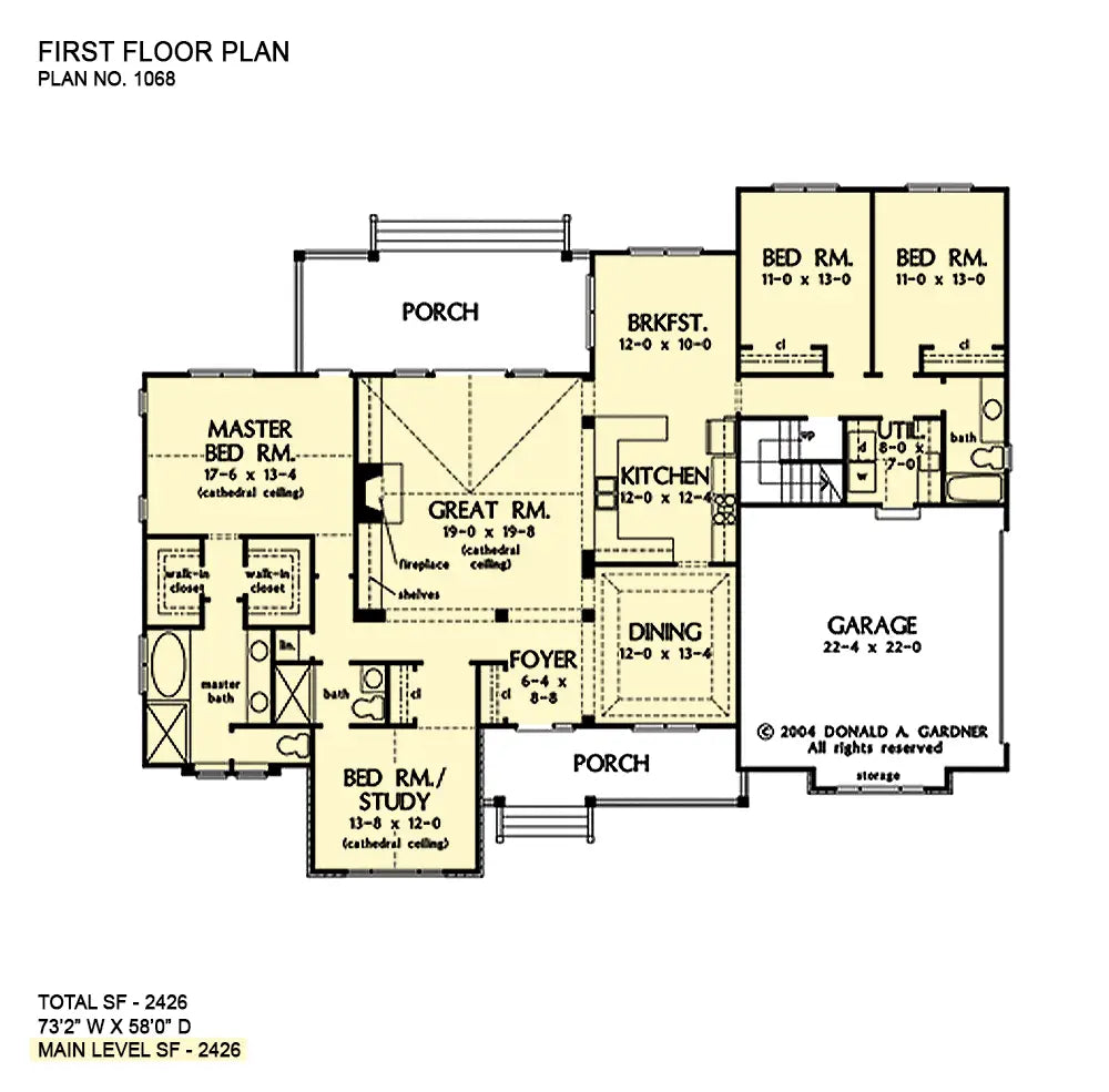 This is the first floor plan image for four bedroom house plan 1068 The Willowcrest