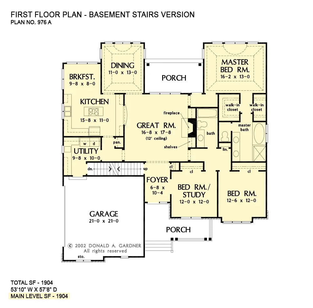 This is the first floor plan image for European house plan 976 The Wilshire if the home is built over a basement