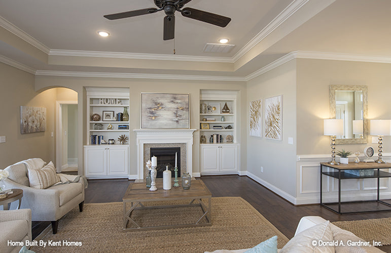 Tray ceiling and recessed lighting in the great room. The Wilton plan 981.