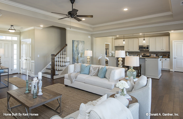 Open floor concept, view from the great room to the kitchen. The Wilton plan 981.