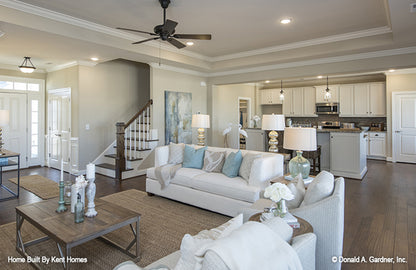 Open floor concept, view from the great room to the kitchen. The Wilton plan 981.