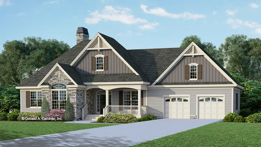 This is an illustration of the front of small house plan 760 The Windemere