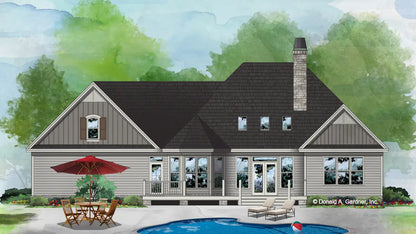 This is an illustration of the rear of simple house plan 760 The Windemere