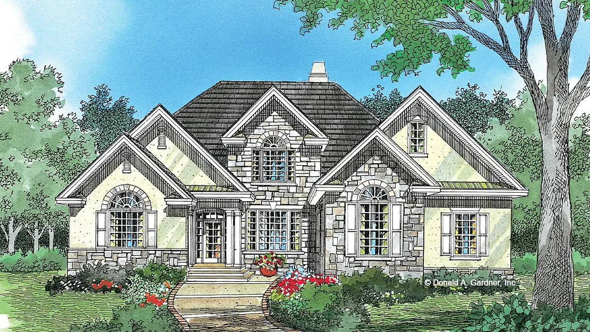 Front view illustration of a stone and stucco cottage. The Winslow plan 903.