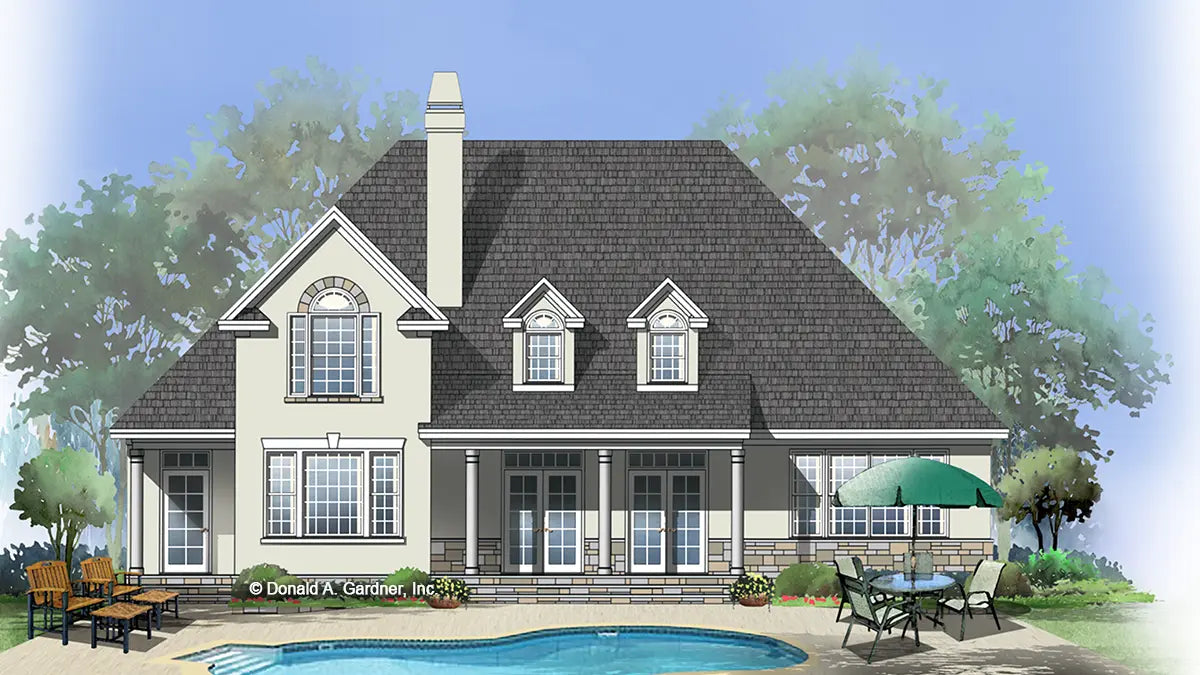 Rear view illustration with two dormers. The Winslow plan 903.