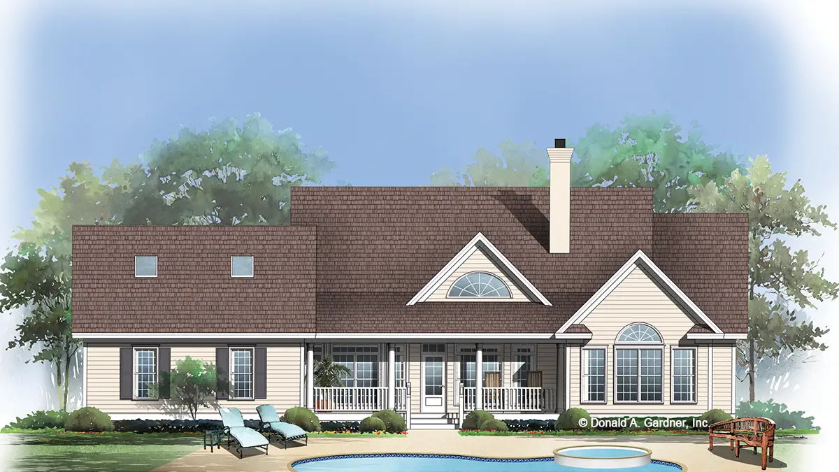 This is an illustration of the rear of ranch house plan 538 The Wisteria