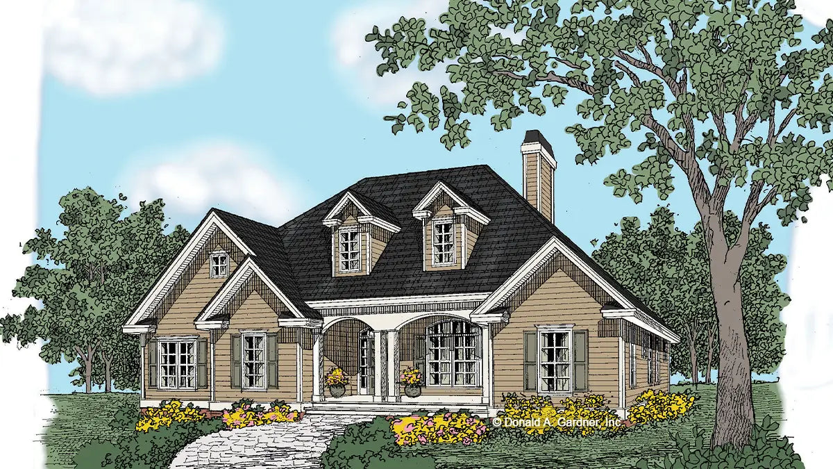 This is an illustration of the front of small house plan 518-E2 The Woodbine