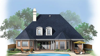 This is an illustration of the rear of three bedroom house plan 518-E2 The Woodbine