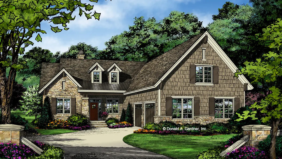 This is an illustration of the front of one story house plan 5027 The Wynette