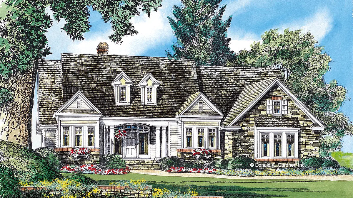 This is an illustration of the front of four bedroom house plan 960 The Xavier