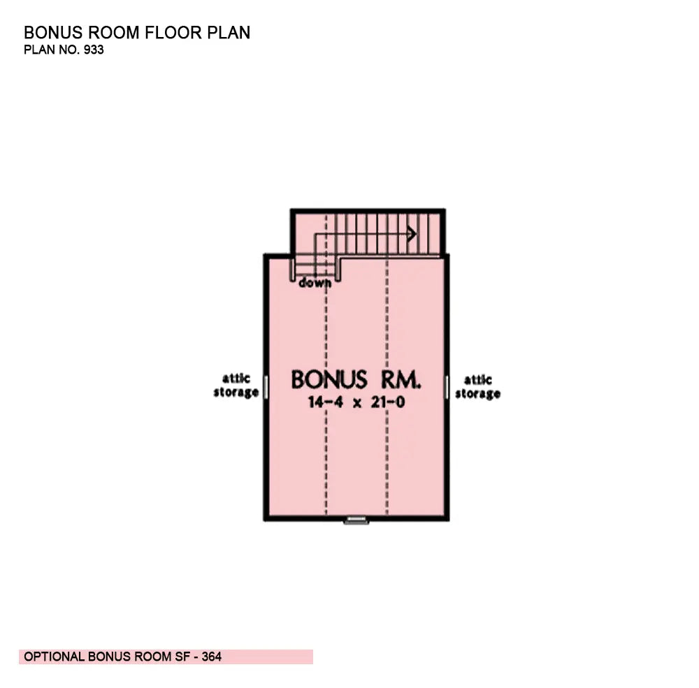 This is the bonus room floor plan image for three bedroom house plan 933 The Yankton