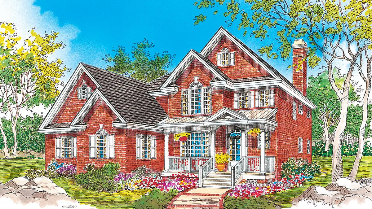 Front view illustration brick home. The Yarborough plan 964.