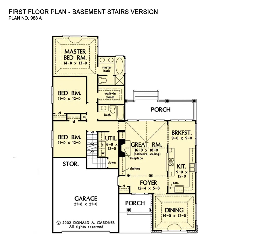 This is the first floor plan image for one story house plan 988 The Yarrow if the home is built over a basement