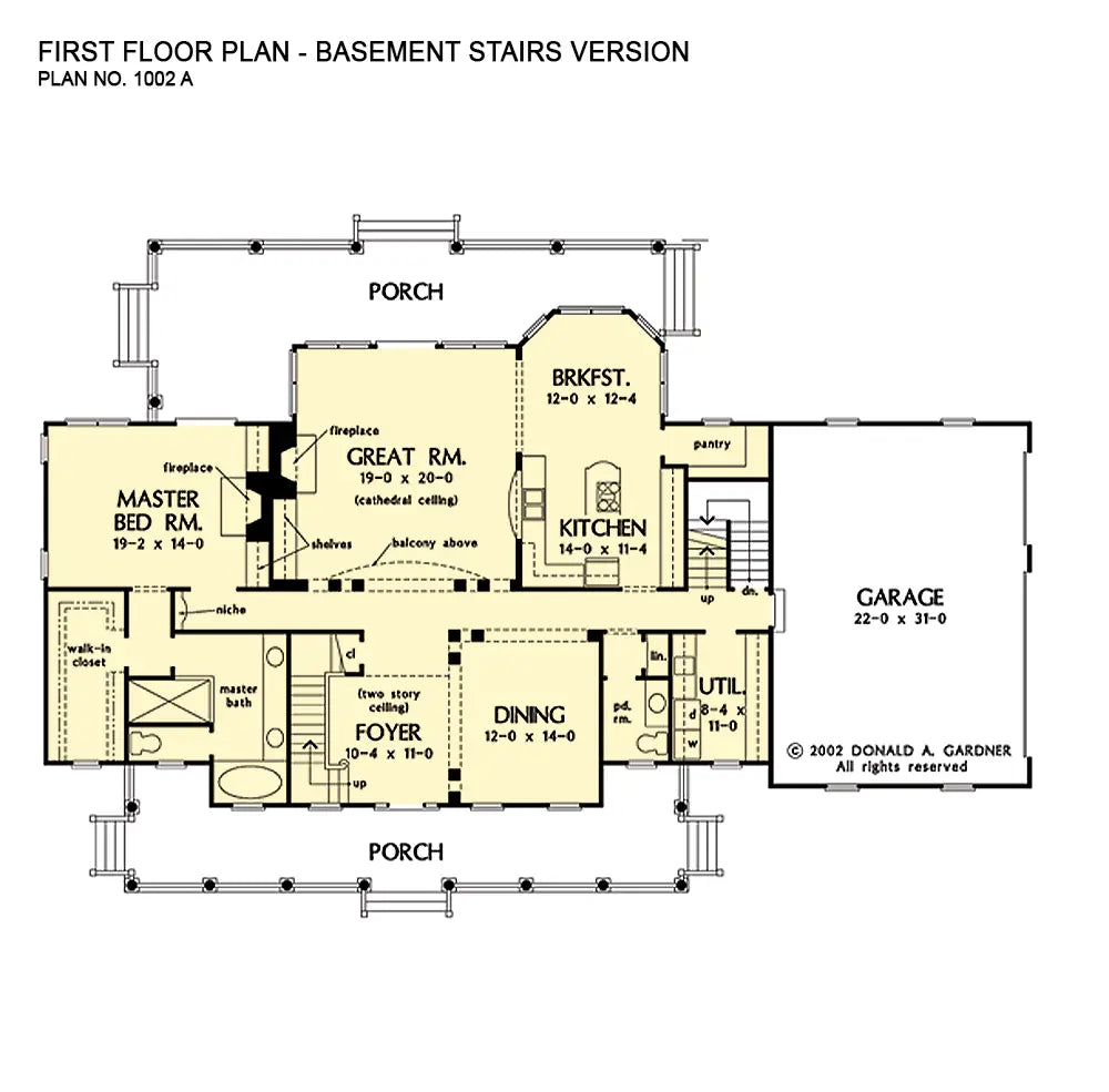 This is the first floor plan image for four bedroom house plan 1002 The Yesterview if the home is built over a basement