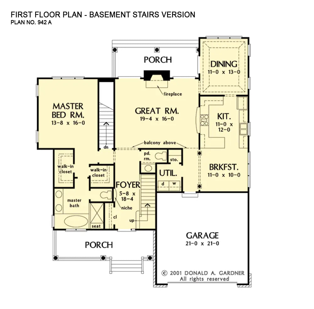 This is the first floor plan image for narrow lot house plan 942 The Zachary if the home is built over a basement