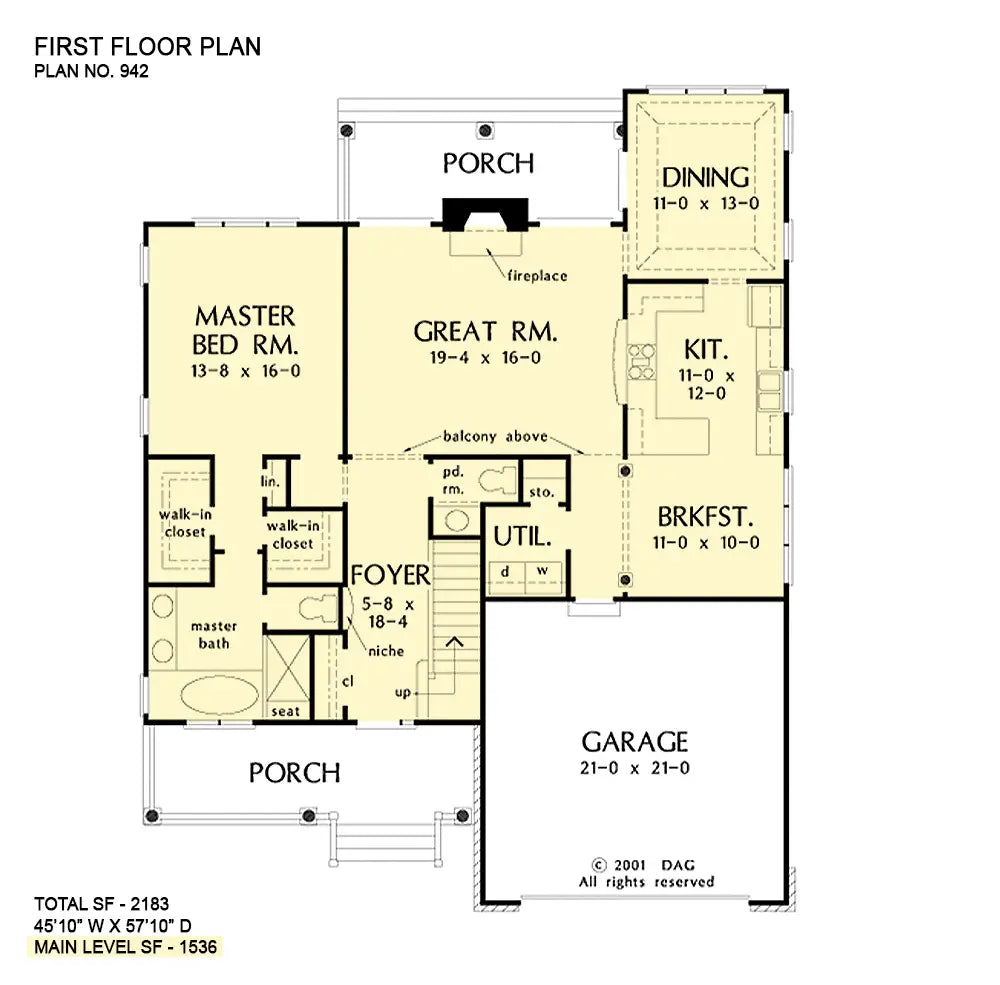 This is the first floor plan image for simple house plan 942 The Zachary