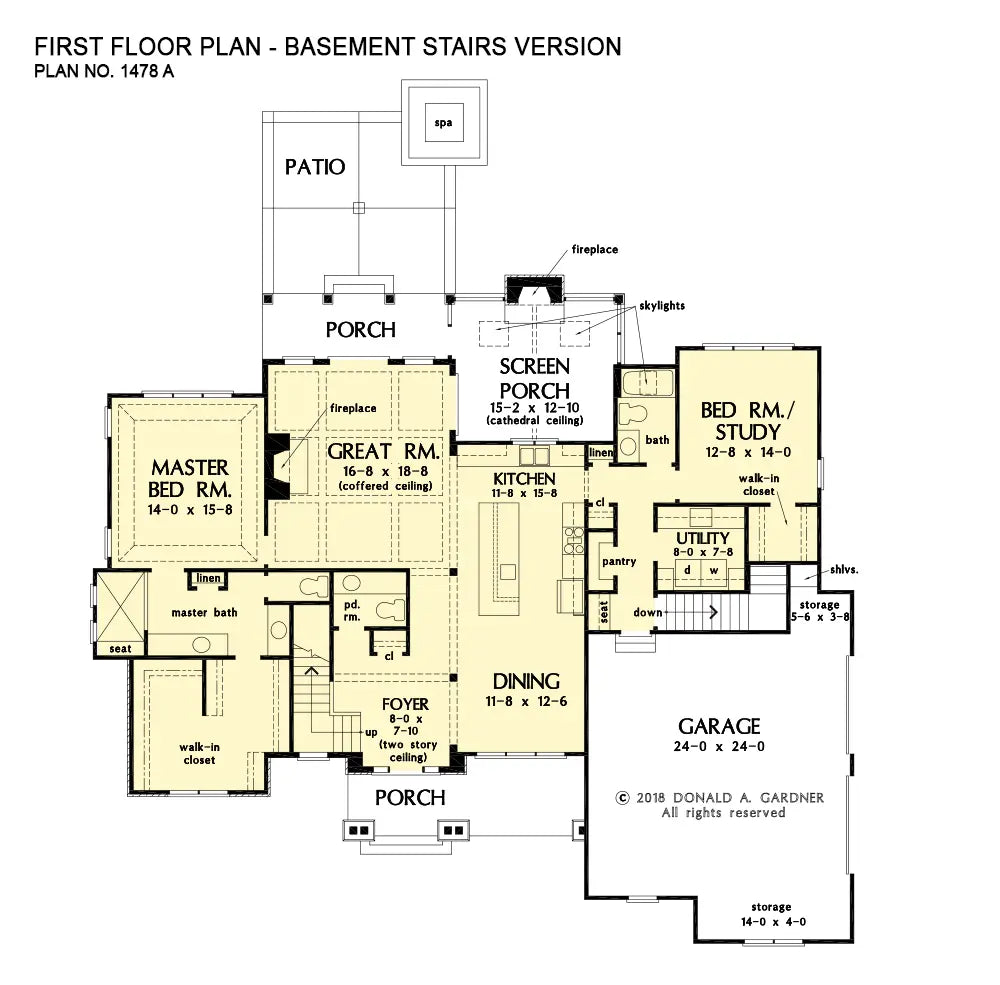 This is the first floor plan image for four bedroom house plan 1478 The Zander if the home is built over a basement