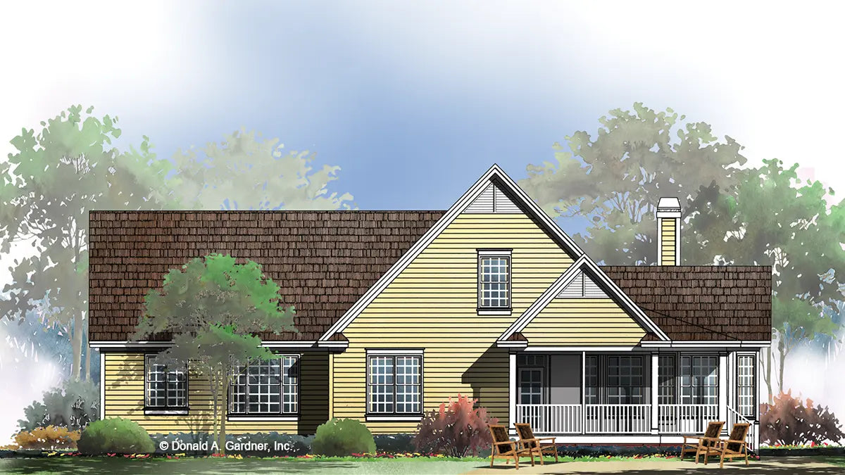 Rear view illustration with screened in porch. The Zeller plan 1014.