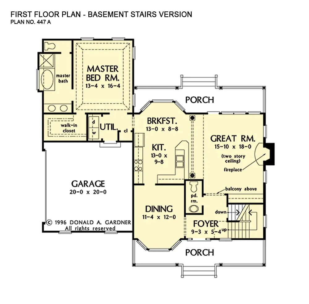 This is the first floor plan image for farmhouse plan 447 The Mccoll if the home is built over a basement