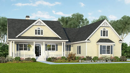 This is an illustration of the front of Ranch house plan 1335 The Coleraine