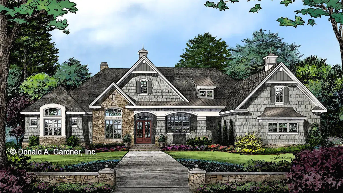 This is an illustration of the front of European Luxury house plan 1378 The Roseburg