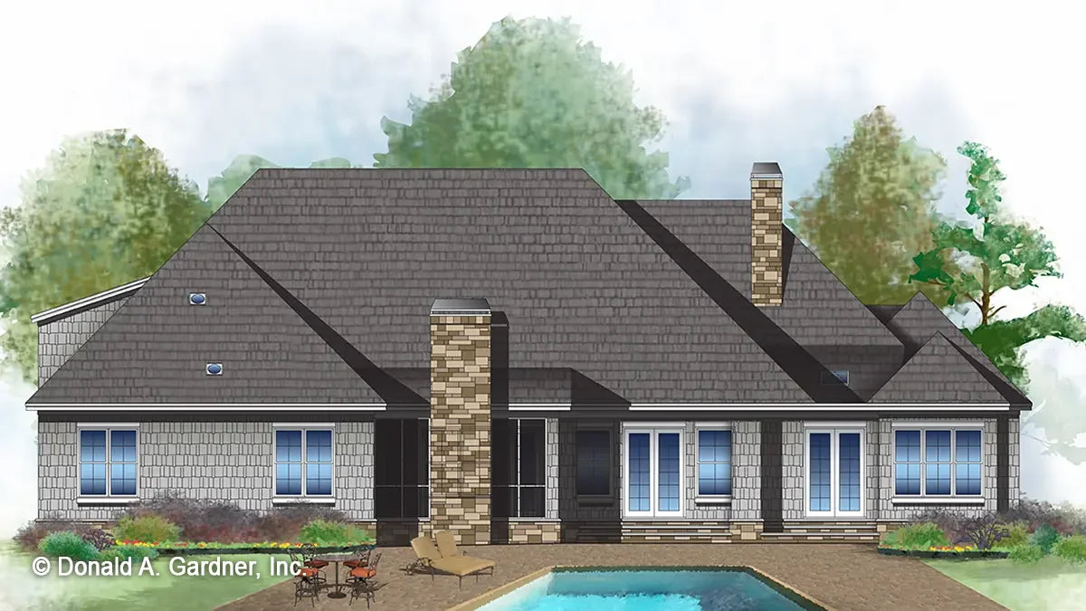 This is an illustration of the rear of house plan 1378 The Roseburg